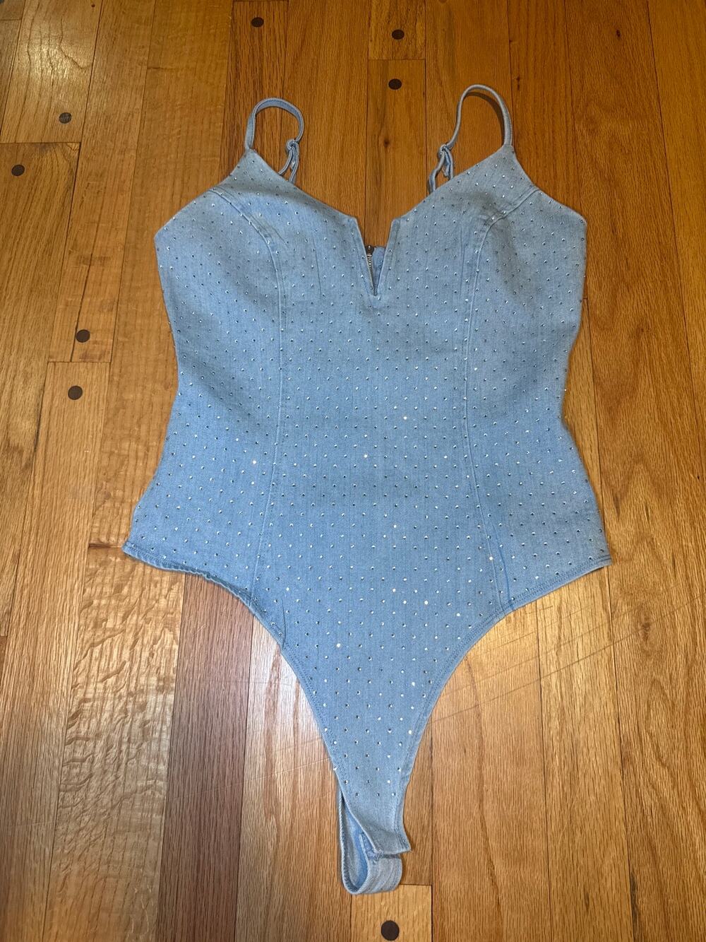 NEW Blashe Denim Rhinestone Fringe Bodysuit Womens M Corset Western Y2K NWT